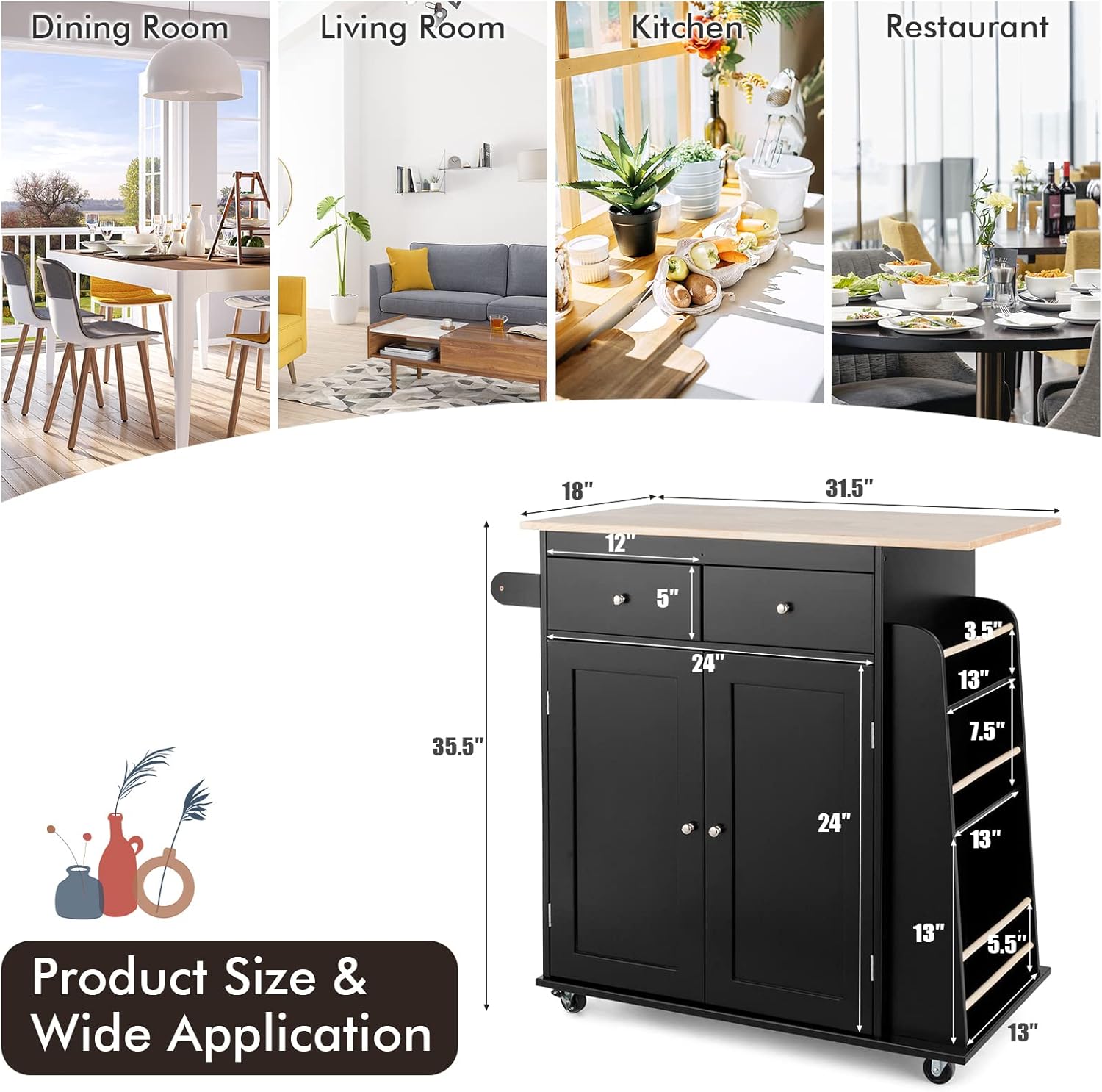 COSTWAY Kitchen Island on Wheels, Utility Trolley Cart with Adjustable Shelf, 2 Drawers, 3-Tier Spice Rack, Towel Rack, 2-Door Cabinet, Rubber Wood Countertop, Lockable Casters for Dining Room (Black)
