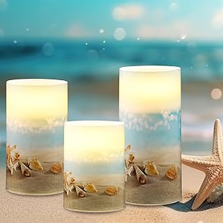3 Pcs Summer Starfish Flameless Candles LED Battery Pillar Candles Set Battery Operated Flickering Candles Gifts with Remote Summer Decor for Holiday