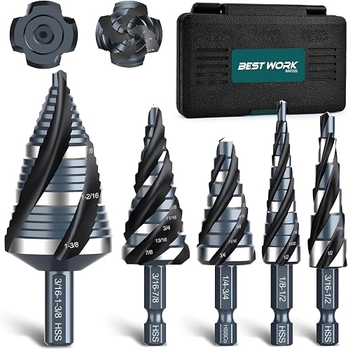 5-Piece Unibit Step Drill Bit for Metal, HSS Step Bit Set, 1/8"-1-3/8" | Four Spiral Flute, Bright Ground & Nitrided Finish, 59 Sizes, 1/4" & 3/8" Hex Shank, for Metal, Wood, Plastic, Storage Case