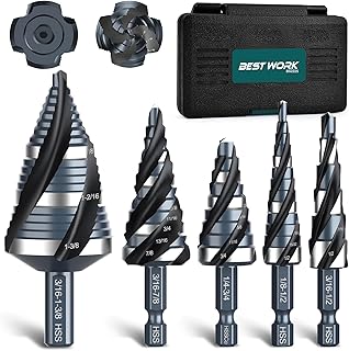 Four Spiral Flute Step Drill Bit Set, 1/8"-1-3/8" (59 Sizes), 5PCS High-Speed Steel Unibit Step Bits with 1/4" and 3/8" Hex Shank for Stainless Steel,Metal,Aluminum,Wood,Plastic