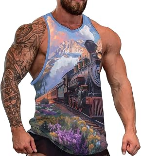 Steam Engine Train Tank Tops Gym Muscle Tee Sleeveless Shirt for Men Workout Vest