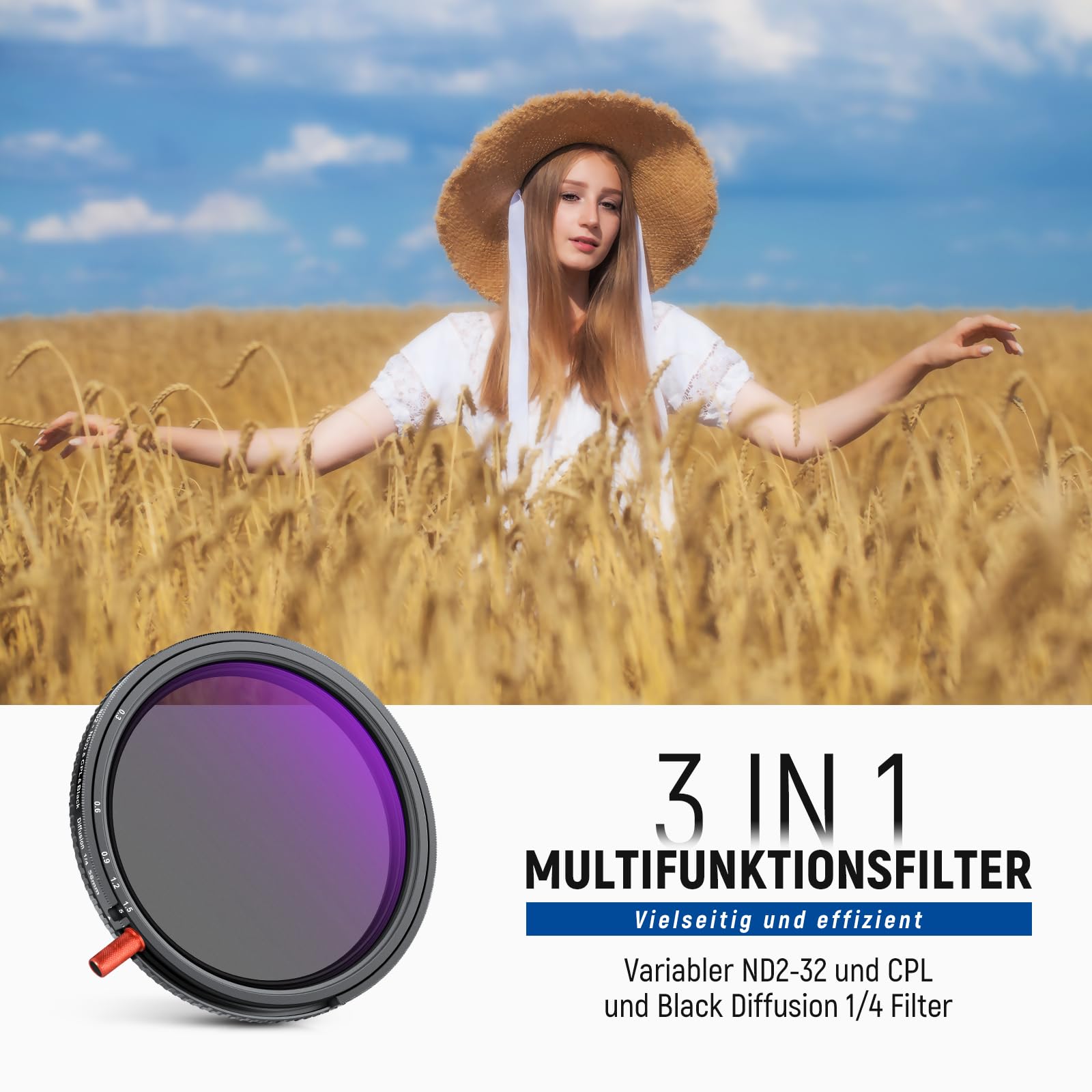 NEEWER 58mm 3 in 1 Variabel ND + CPL + Schwarz Diffusion 1/4 Filter für Nebelkinoeffekt, Kameraleinwand Neutral Dichte Kreispolarisierender Mehrschicht HD Filter mit Aufbewahrungsbehalter