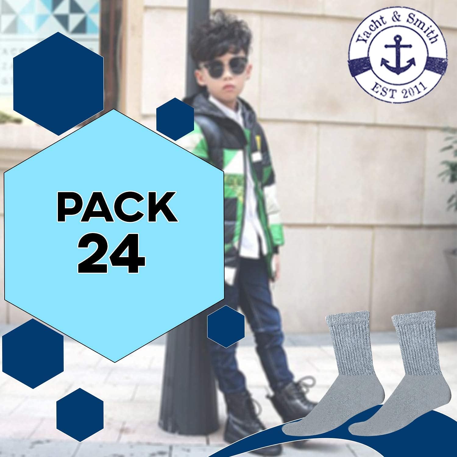 Yacht & Smith 24 Pairs Of Children & Kids Wholesale Bulk Sports Crew, Athletic Case Pairs Socks (24 Pairs Gray, Kids 6-8 (Shoe size 4-7.5))