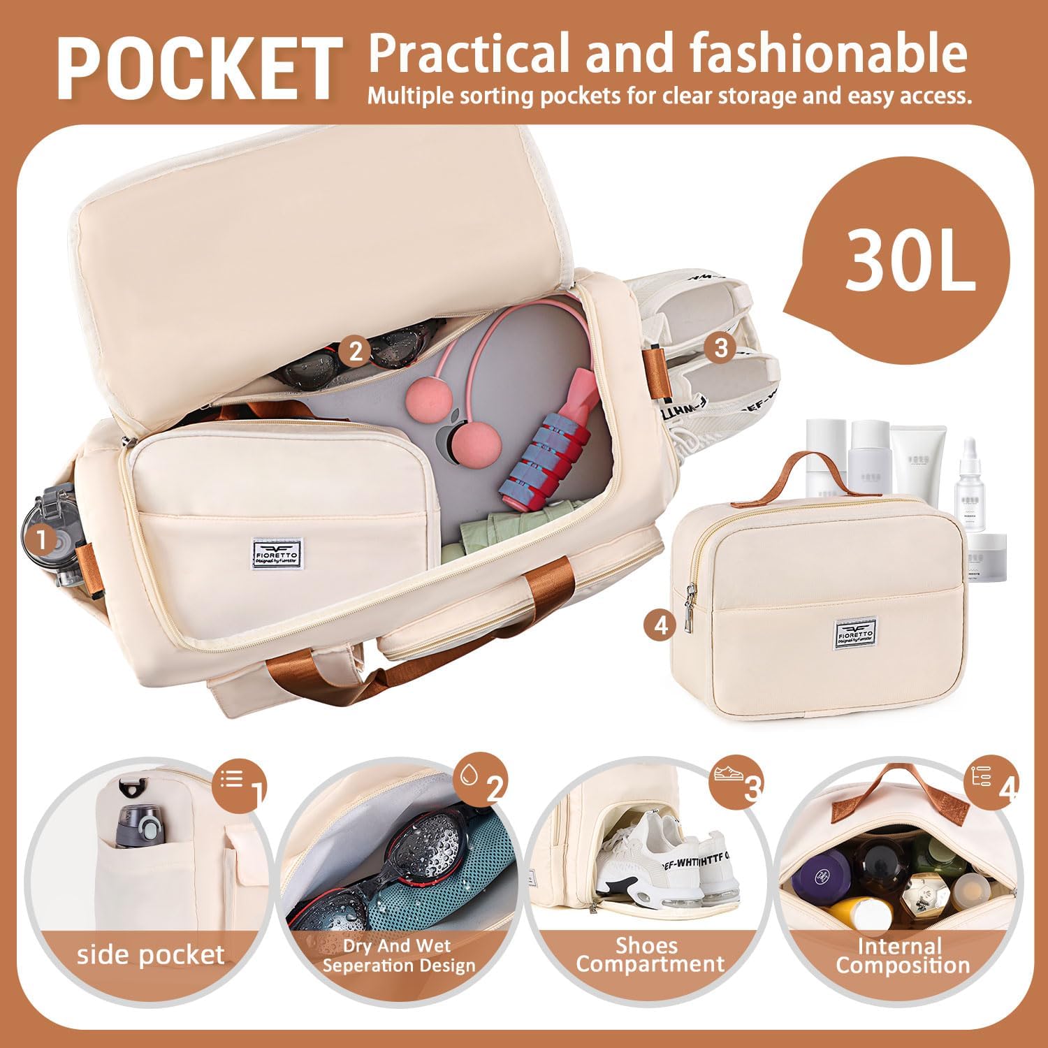 FIORETTO Women's Gym Duffle Bag with Shoes Compartment, 37L Capacity, Ideal for Travel, Gym, Sports, Duffel, Weekender - Image 4