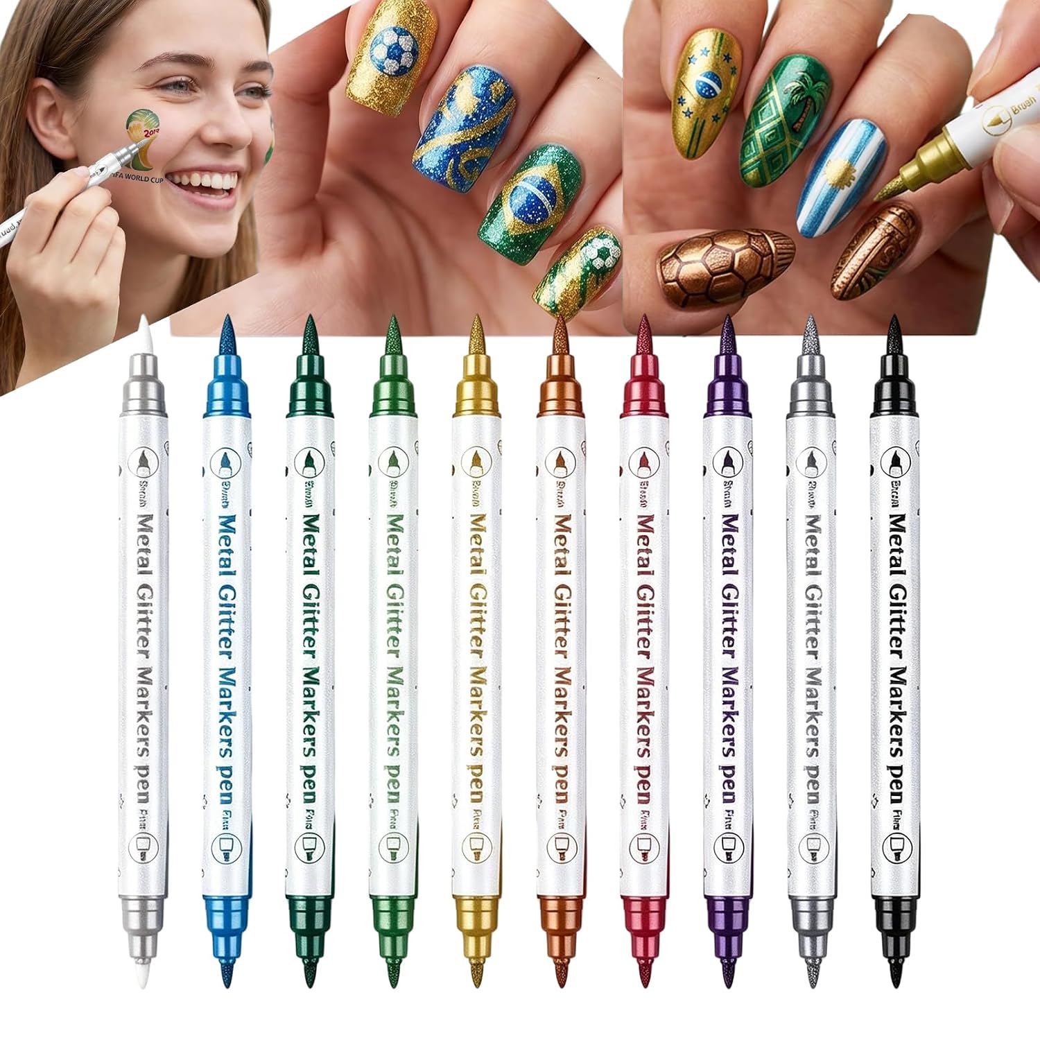 10 Color Dual Tip Metallic Nail Art Pens for Women, DIY Nail Design Markers for French Tips Nail Drawing, Face Painting for Festivals and Sports Events