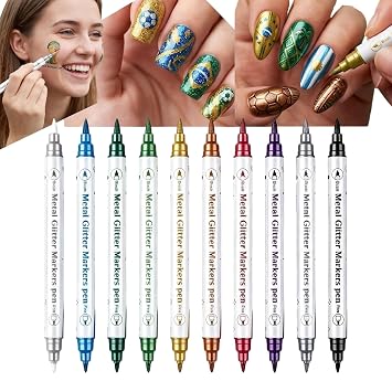 10 Color Dual Tip Metallic Nail Art Pens for Women, DIY Nail Design Markers for French Tips Nail Drawing, Face Painting for Festivals and Sports Events