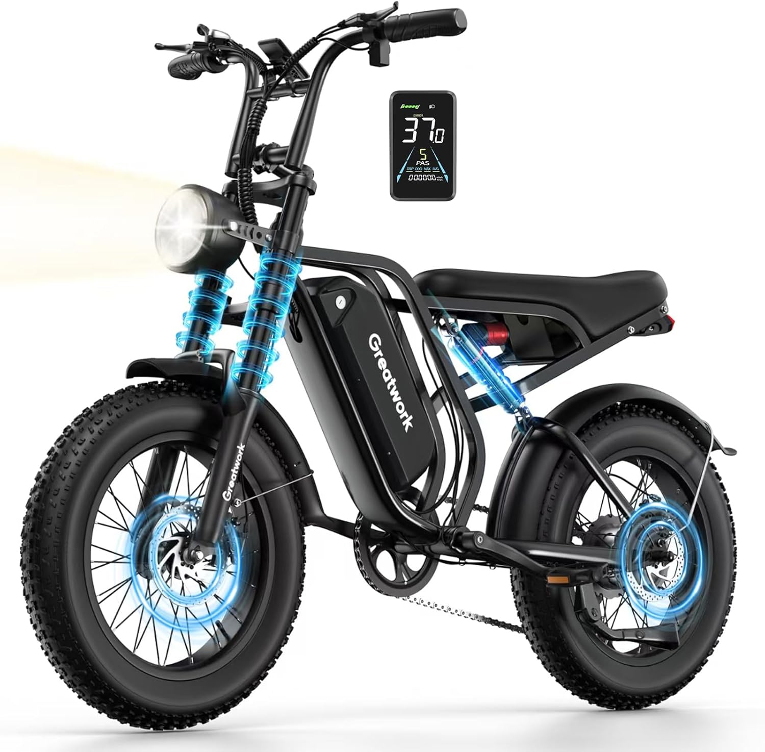 GREATWORK 2500W Peak Electric Bike for Adults, 1200Wh Removable Battery, Max 37MPH & 100 Miles Electric Dirt Bike with Full Suspension, 20x4 Fat Tire Motorcycle Style Commuter Ebike for Men Women product image