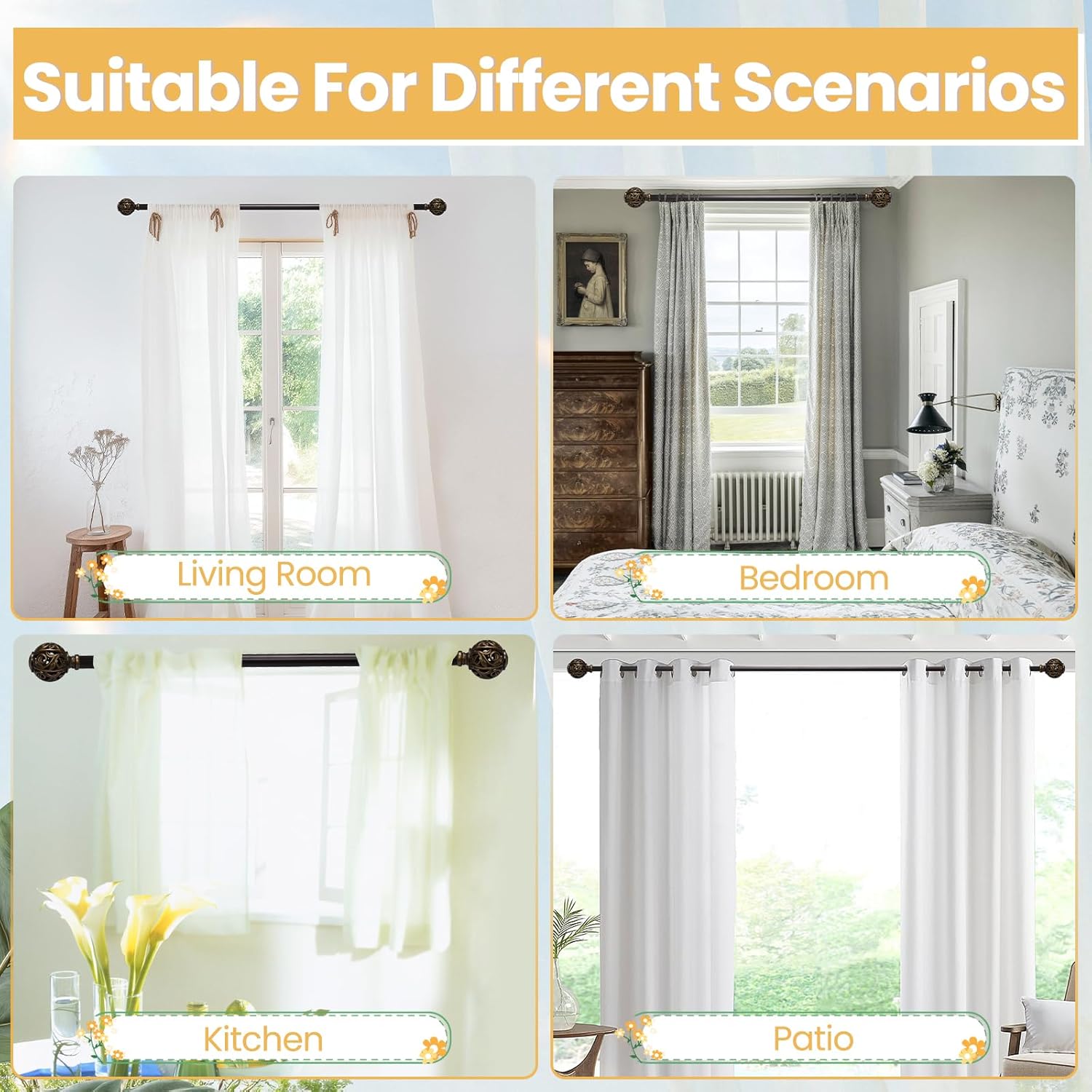 1 Inch Curtain Rod For Windows 66 to 120 Inches, Heavy-Duty Adjustable Decorative Curtain Rod With Rattan Leaf Hollow Finials For Bedroom And Living Room Bronze