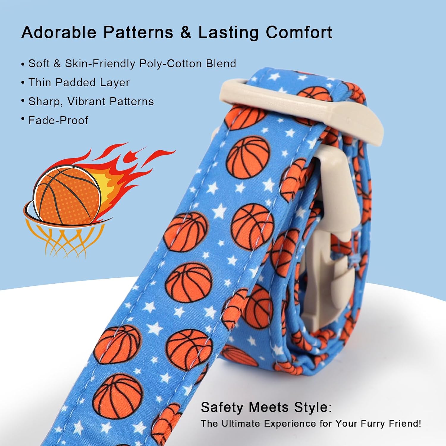 Basketball Dog Collar, Cute Boy Dog Collars for Small Dogs - Blue Sports Themed Cotton Male Dogs Collar, Soft Adjustable Daily Pet Collars with Quick Release Buckle S image 3