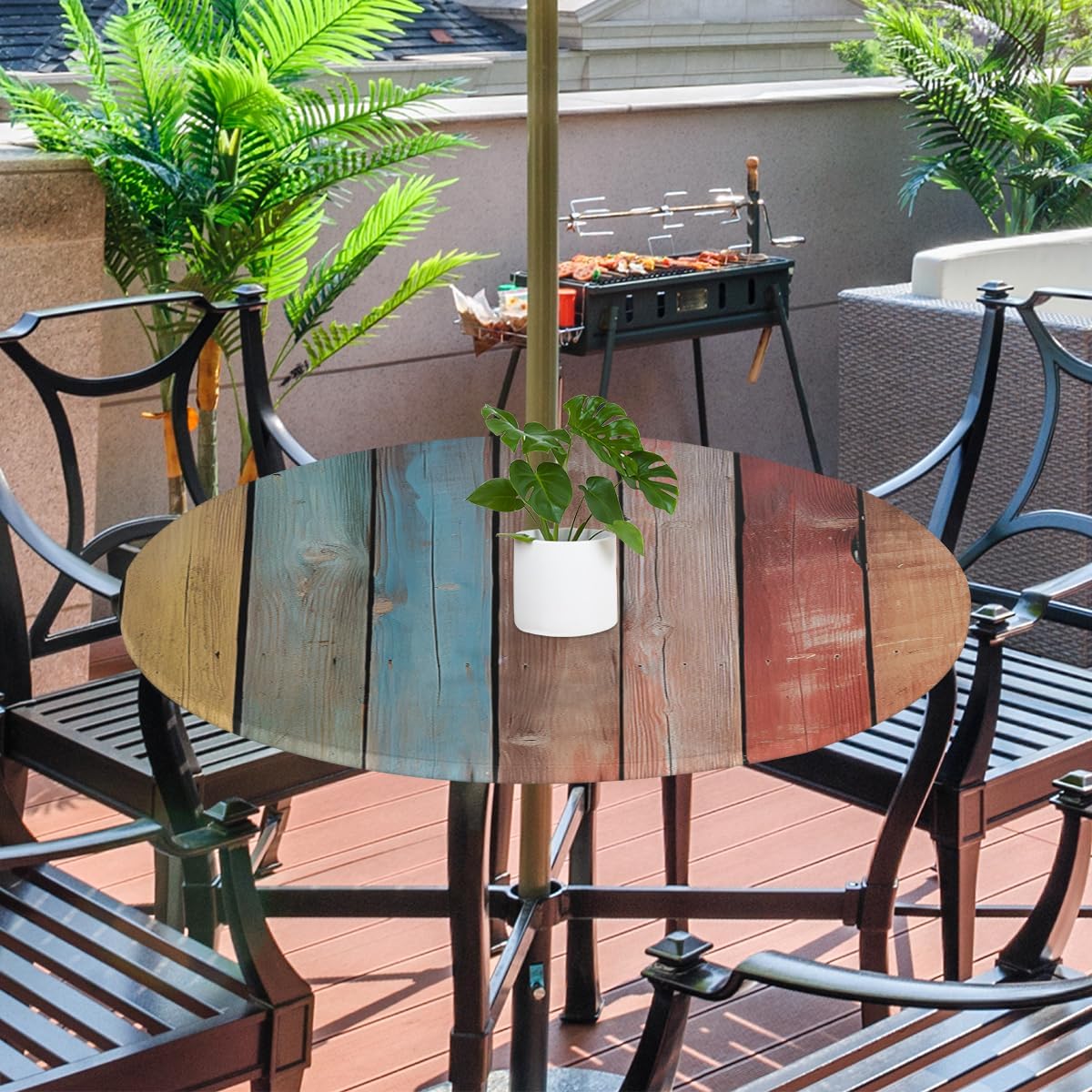 OSAM SPACE Outdoor Tablecloth with Umbrella Hole, Round Elastic Fitted Table Cloth with Invisible Zipper,Wooden Picnic Patio Table Cover 36-44in