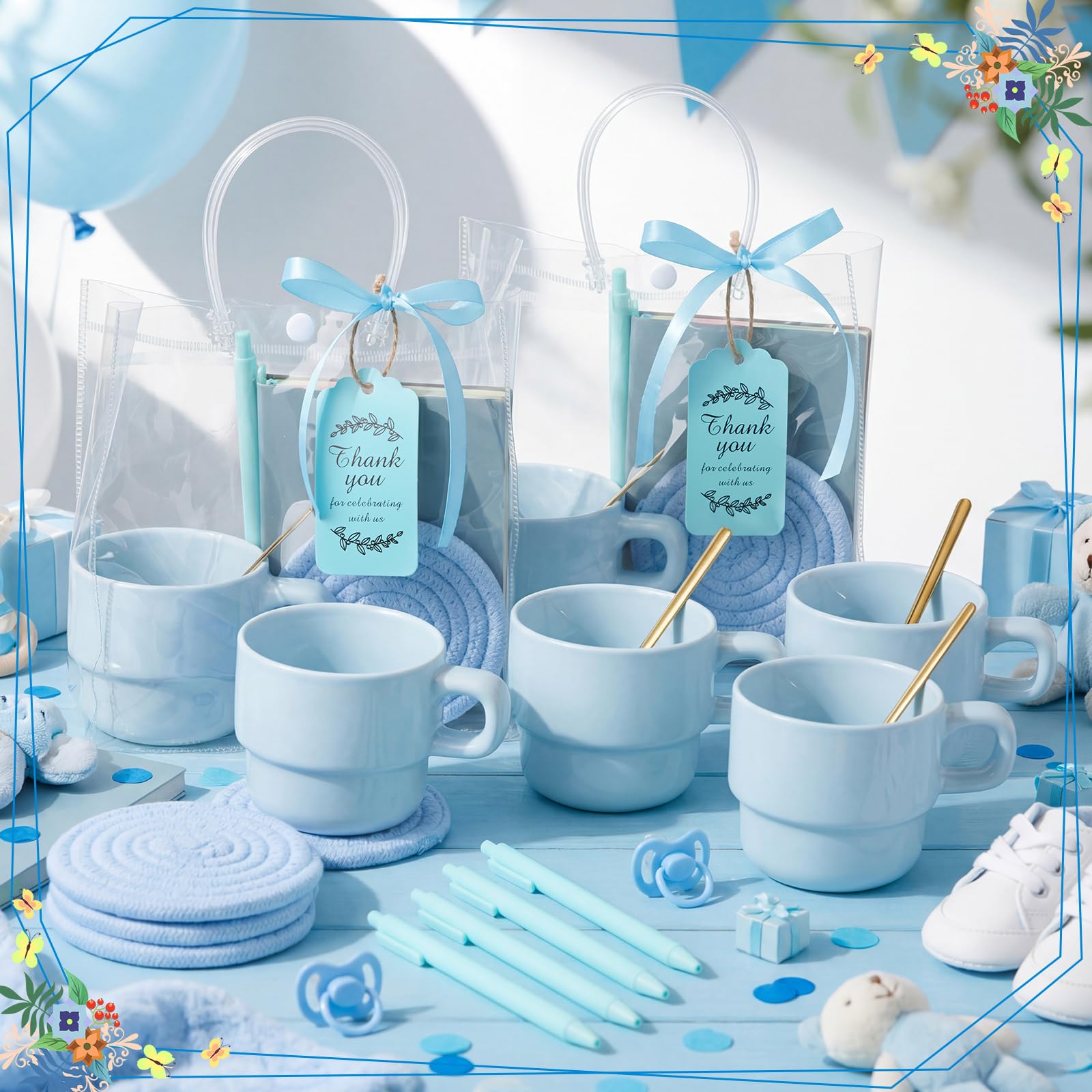 43 premios de juego para baby shower para ganadores del juego, regalos de baby shower, incluyendo tazas de cerámica con cucharas, posavasos tejidos y bolsas de regalo para cuaderno, tarjeta