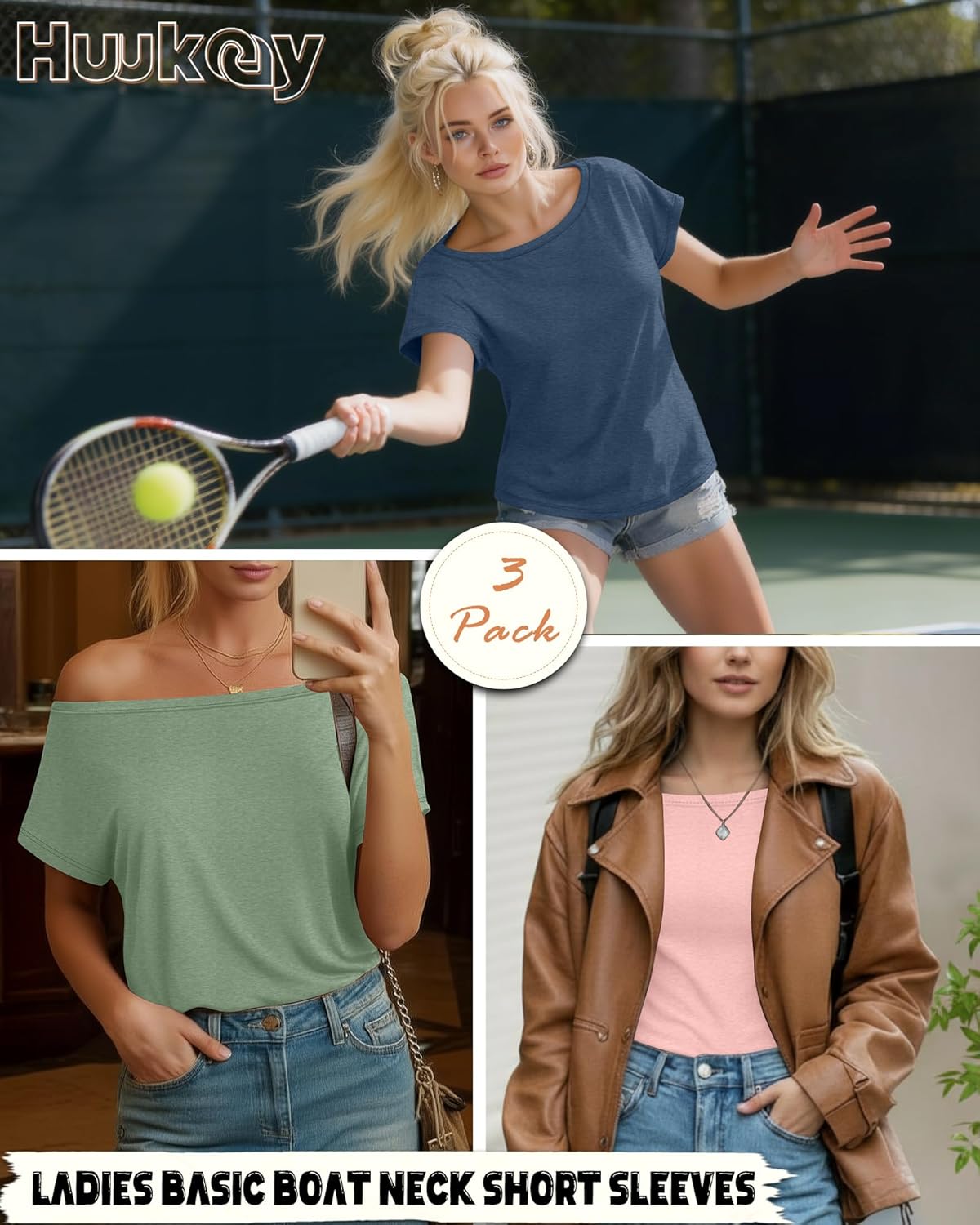 Huukeay 3 Pack Boat Neck Off The Shoulder Tops for Women, Short Sleeve Loose Shirts Causal Oversized Tunic Basic Tees - Image 2