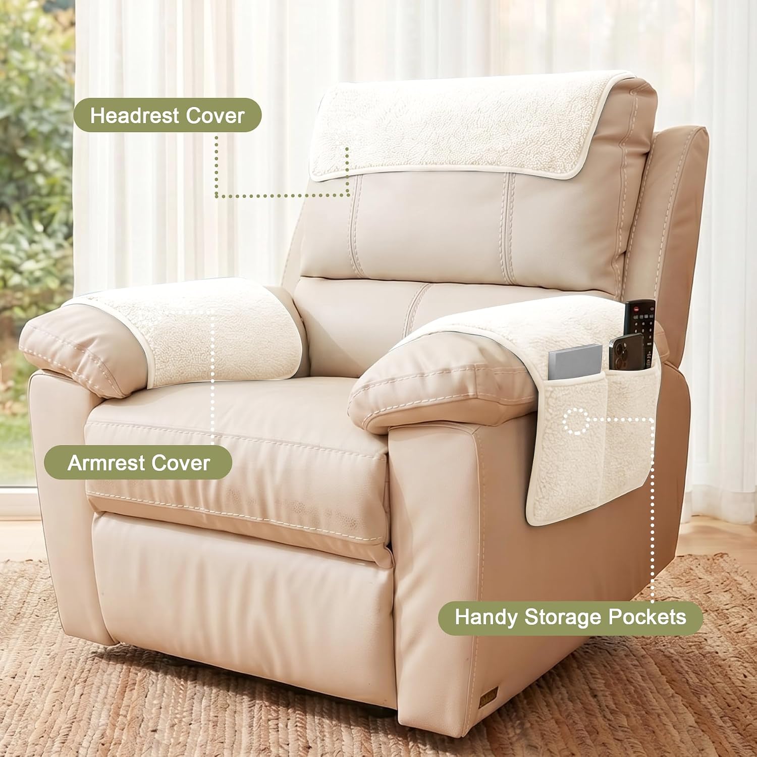 Universal Sherpa Recliner & Armchair Covers with Pockets | Pockets on Both Sides, Soft Sofa Armrest Backrest Protectors, Pet Friendly, Washable, Non-Slip, Easy Setup, Ivory