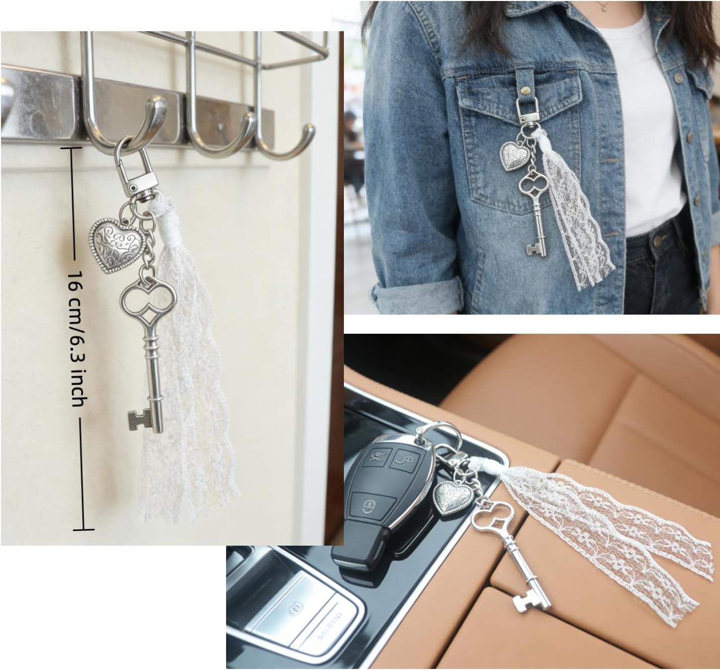 Cute White Lace & Sliver Skeleton Key with Heart Charm Keychain Bag Charm - Vintage Y2K Aesthetic Accessory, Fashion Decorative Charm for Purse Backpack Car Key image 4