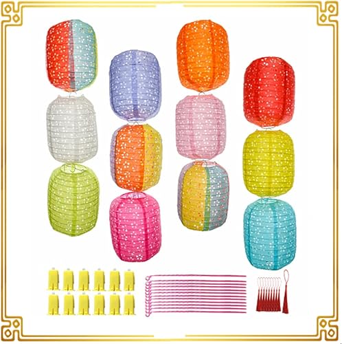 Miniatura 2 de 12 linternas de papel chinas, japonesas con luces LED, barra de borla, 8 pulgadas, ovaladas, decorativas, para decoración de Año Nuevo, decoración