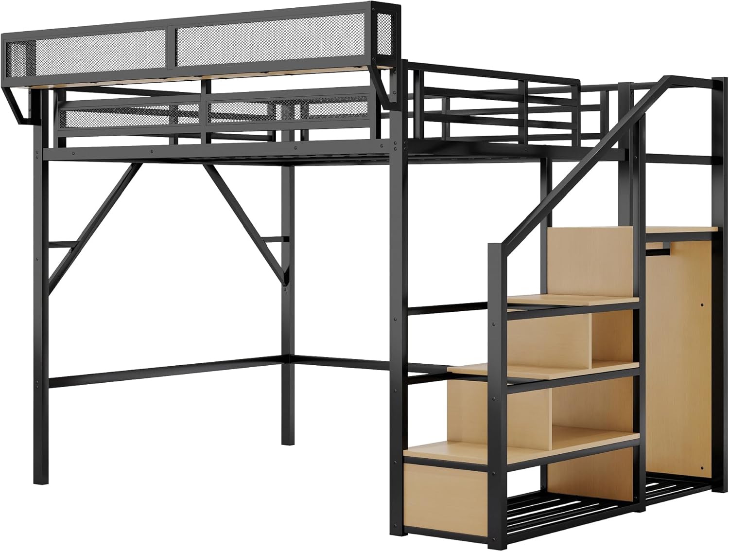 Queen Size Loft Bed, Modern Metal Queen High Loft Bed with Storage Shelves and Wardrobe, Durable Bed Frame with Safety Guardrails and Staircase, Space-Saving Design for Bedroom Dorm Apartment, Black