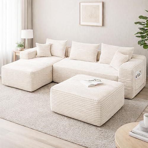 Modular Sectional Sofa Couch 103.5” & 37.0” Beige, L-Shaped Sectional Couches for Living Room with Ottoman, High Resilience Sponge & Spring Support Sofa Set (L Shaped Sofa+Ottoman)