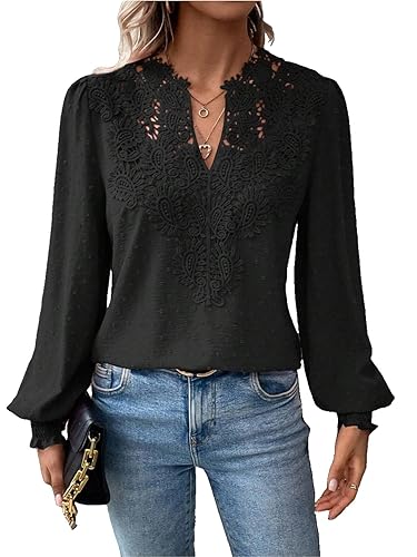 Womens Dressy Lace Blouse V Neck Ruffle Long Sleeve T