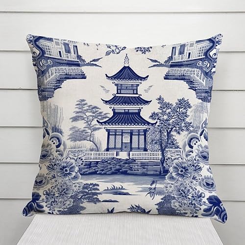 Miniatura 3 de Funda de almohada europea de pagoda chinoiserie, funda de almohada inspirada en Asia, funda de cojín azul y blanca de 18 x 18 pulgadas, funda de