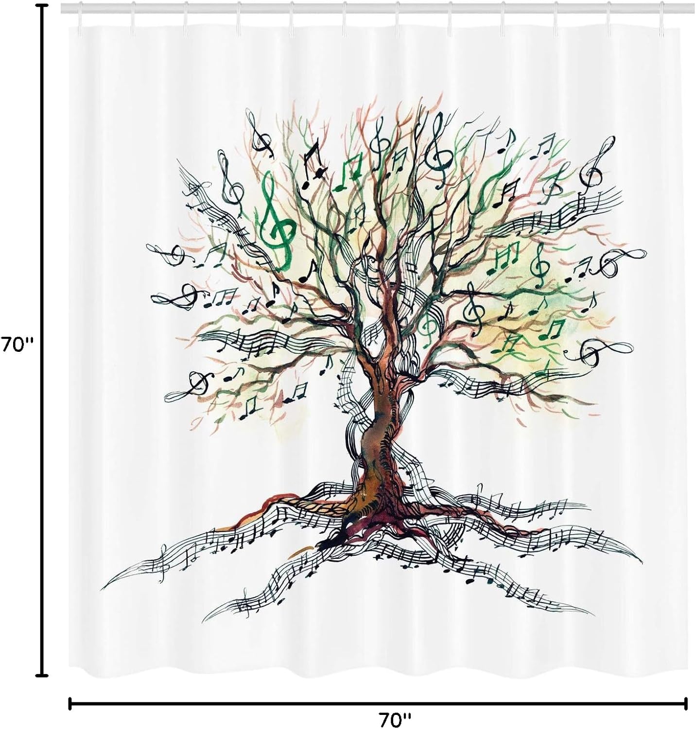 Ambesonne Music Shower Curtain, Musical Tree Autumnal Clef Trunk Swirl Nature Illustration Leaves Creative Design, Cloth Fabric Bathroom Decor Set with Hooks, 69" W x 70" L, White Jade Green Brown