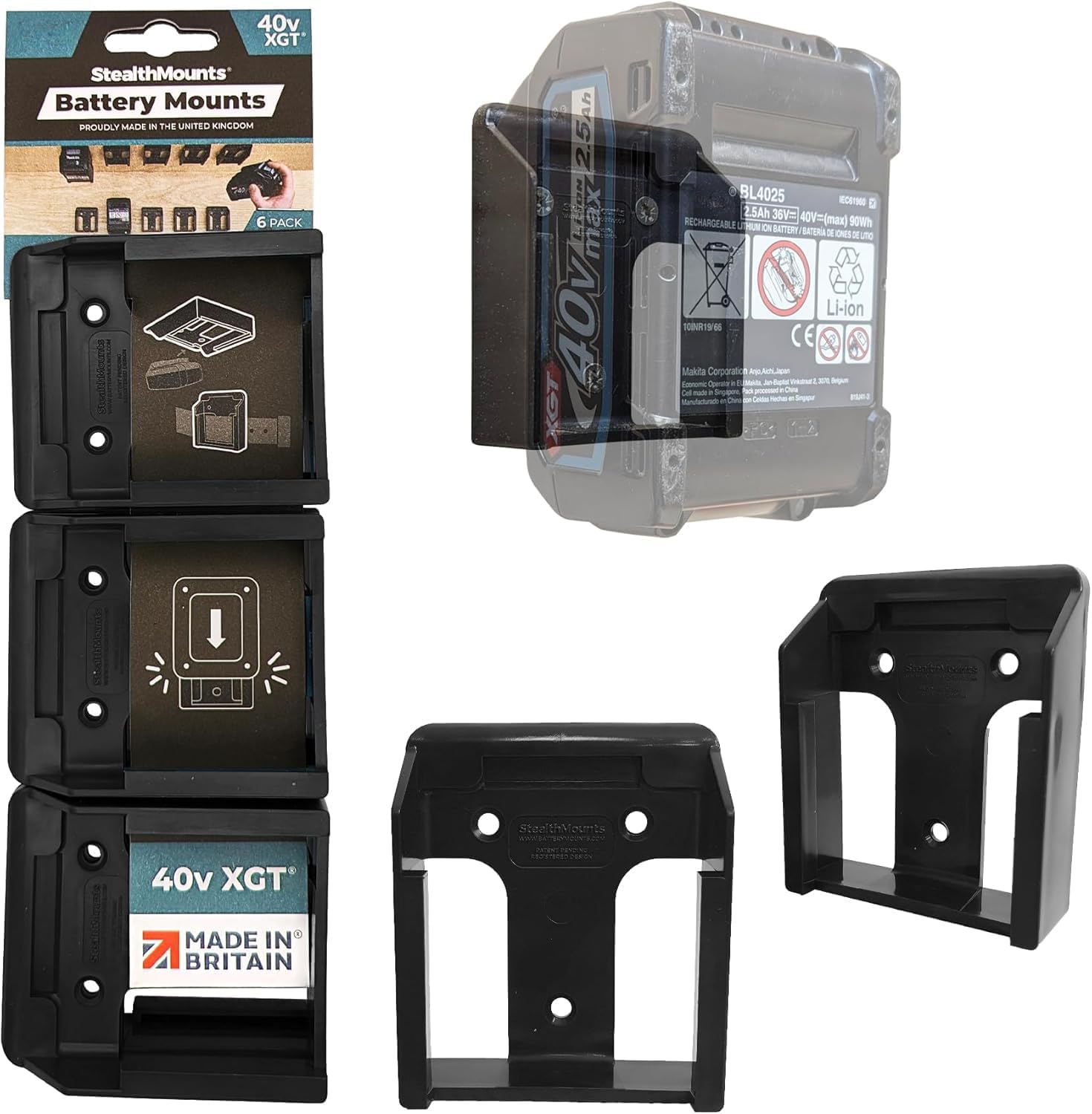 StealthMounts Battery Holder Compatible with Makita 40V (6 Pack) - Black Battery Mounts | Made in the UK