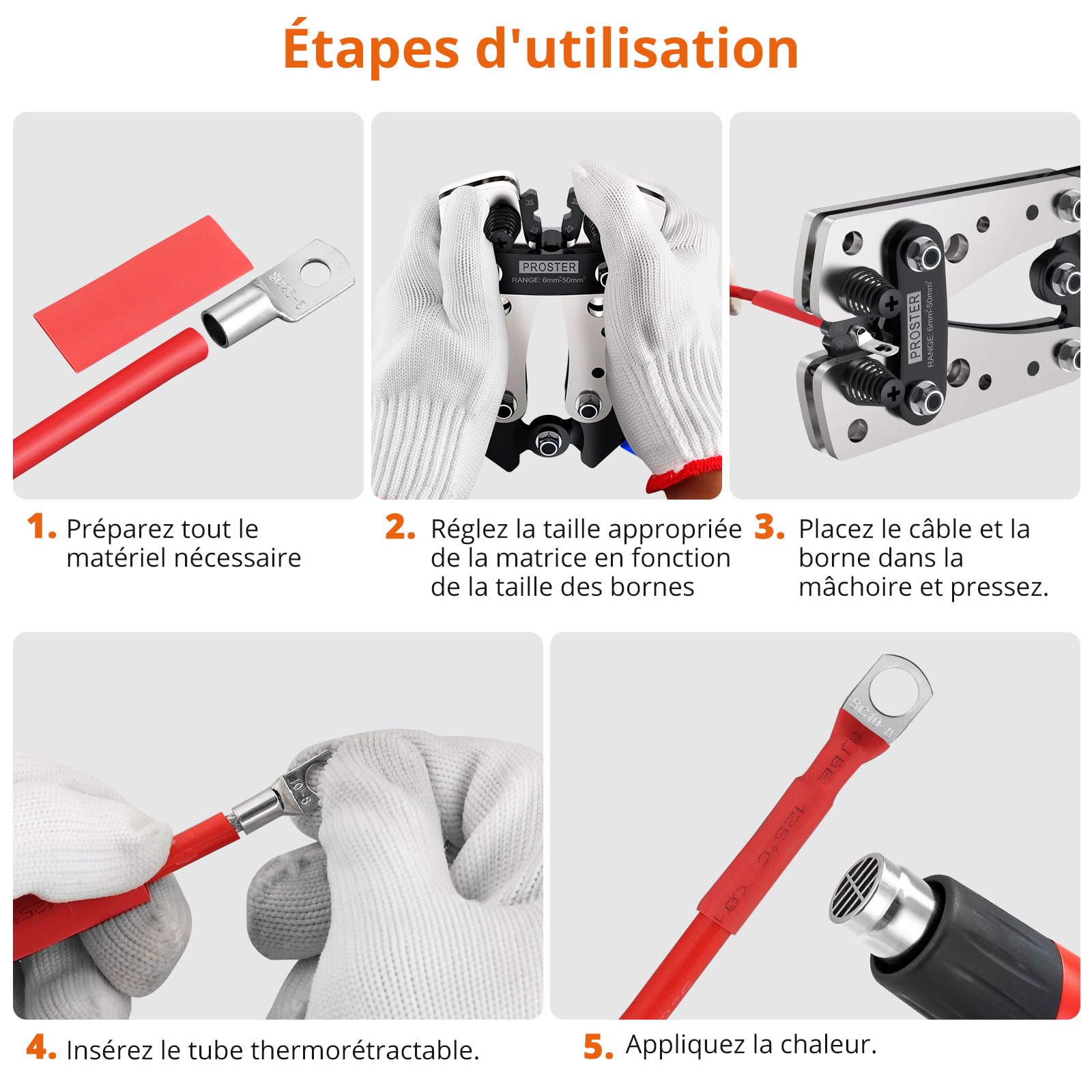 Proster Pince à Sertir Câble 6-50mm² Kit Sertissage Cuivre - Outil Sertir Cosse SC Cuivre Électrique avec 45 Cosses Épaisses - Pour Batterie Voiture Bricolage Installation Électrique