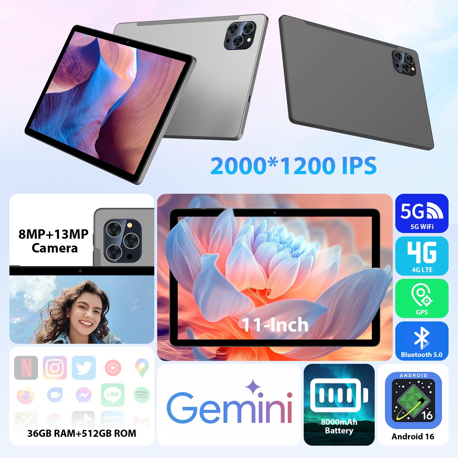 Tablet 11 Pulgadas Android 16 con 36GB RAM+512GB ROM (2TB TF), 4G LTE & 5G WiFi, Octa-Core 2.0GHz, 8000mAh, 13MP+8MP, Widevine L1,Gemini AI, GPS, BT 5.0, Tablet con Teclado, Gris