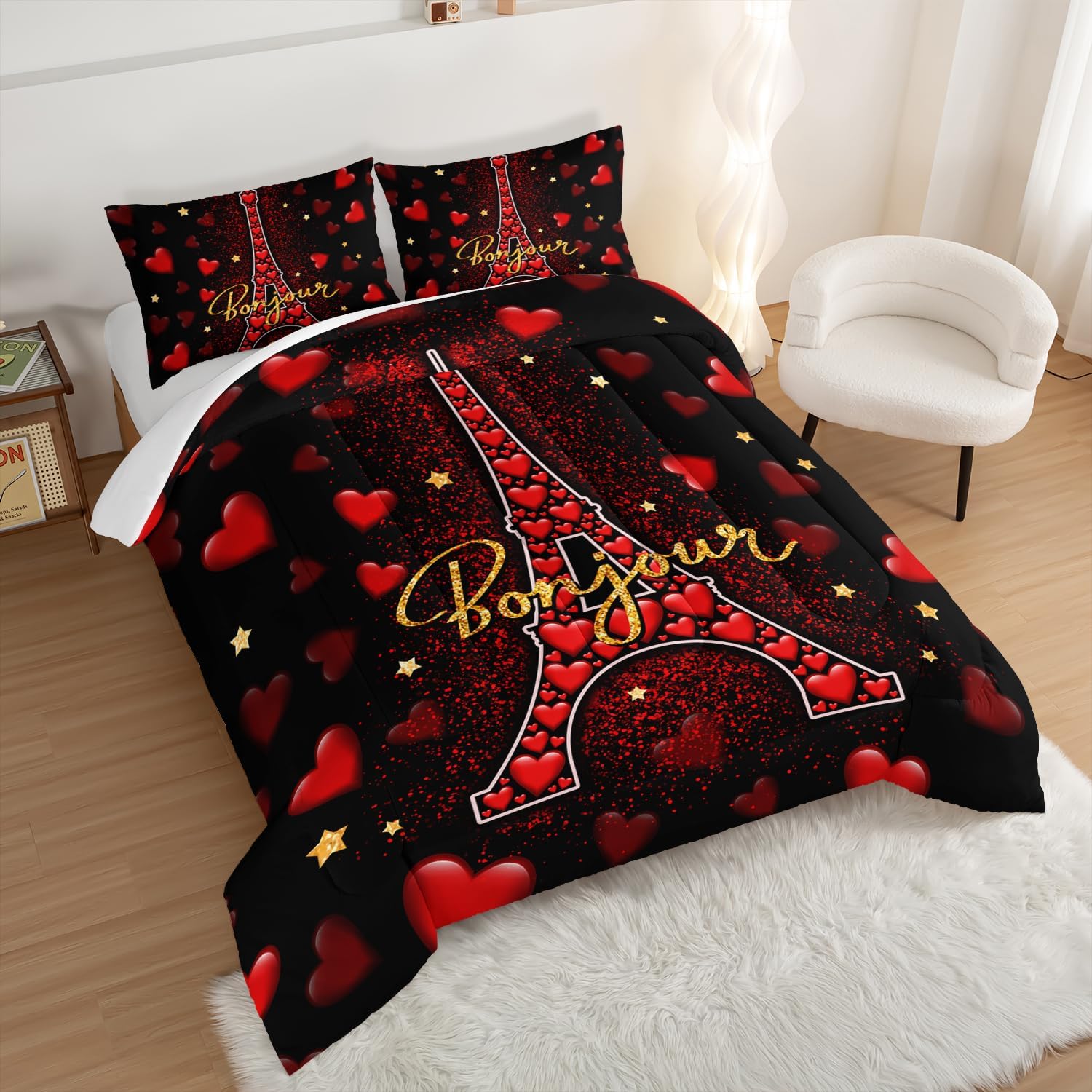 Eiffel Tower King Size Comforter Sets,Red Loving Heart Romantic Couple Bedding Set,Paris Bedding Comforter Sets for Women Room Eiffel Tower Decor with 2 Pillowcases.