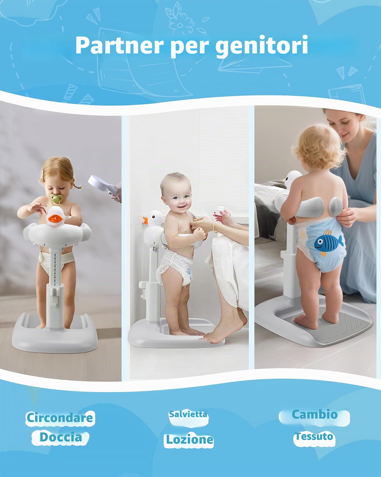 Struttura regolabile in altezza con sedile: cabina doccia con sedile per bambini dai 6 mesi in su. Base antiscivolo e design anatra