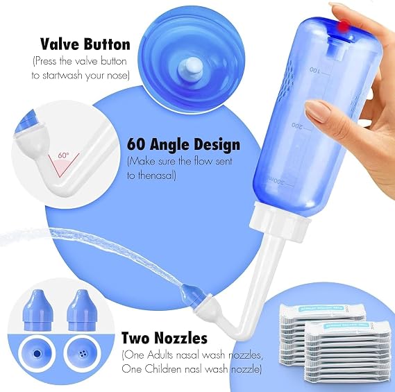 Neti Pot Sinus Rinse Kit,Nasal Irrigation Nose Cleaner Wash Bottle 300ML, Nasal Rinse Salt sachets 40 Packets and Thermometer Sticker, Neti Pot Kit for Adult & Kids