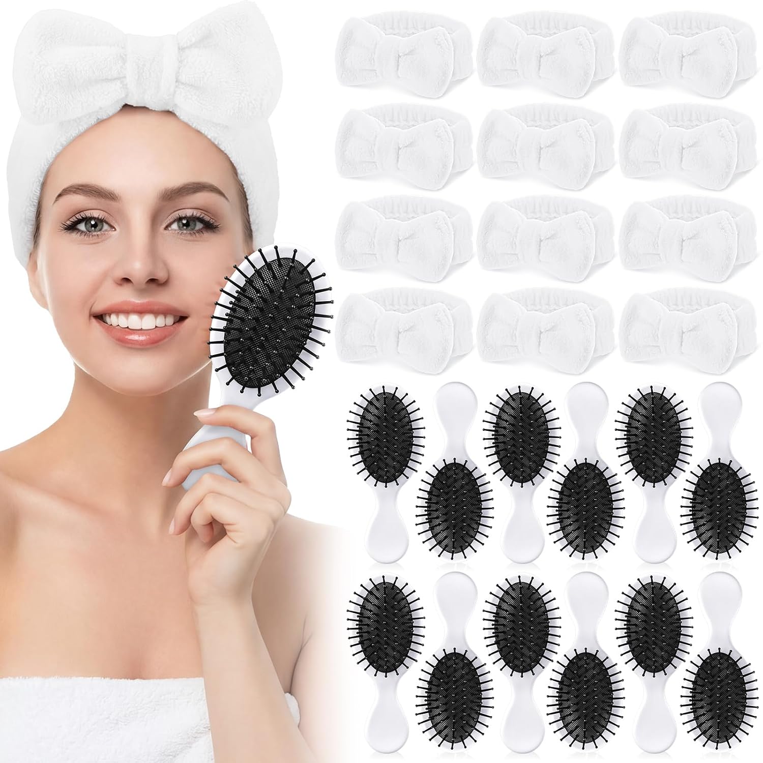 24 Pcs Spa Headbands for Girl and Mini Hair Brush Bulk,White