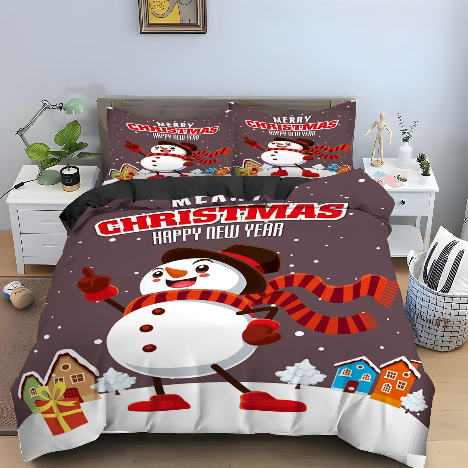 Housse de couette 160x200 bonhomme de neige pour une chambre de Noël festive