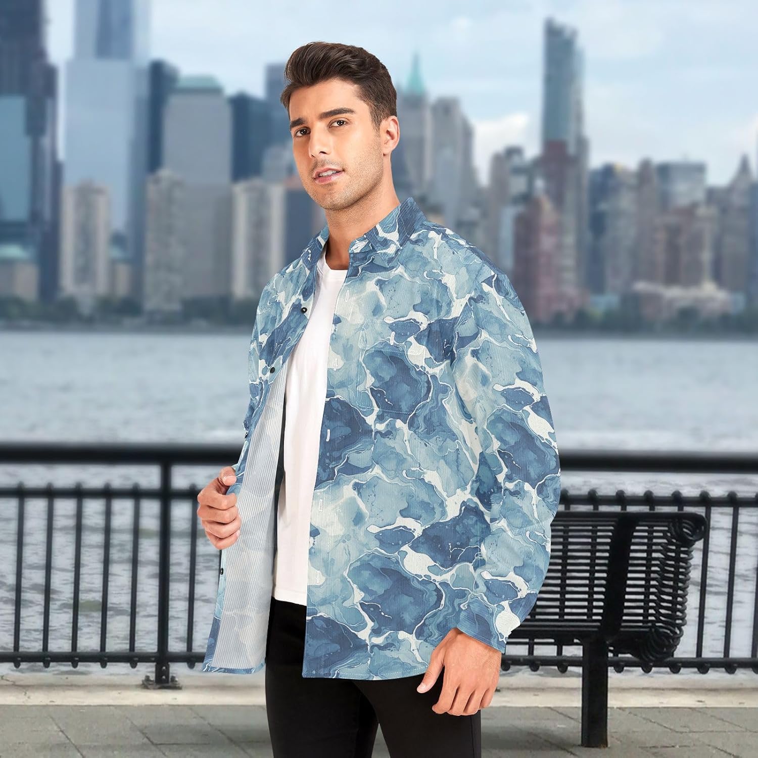 KLL Dark Blue Marble Men Women Cotton Rugby Shirts Sports Long Sleeve Work Outfits