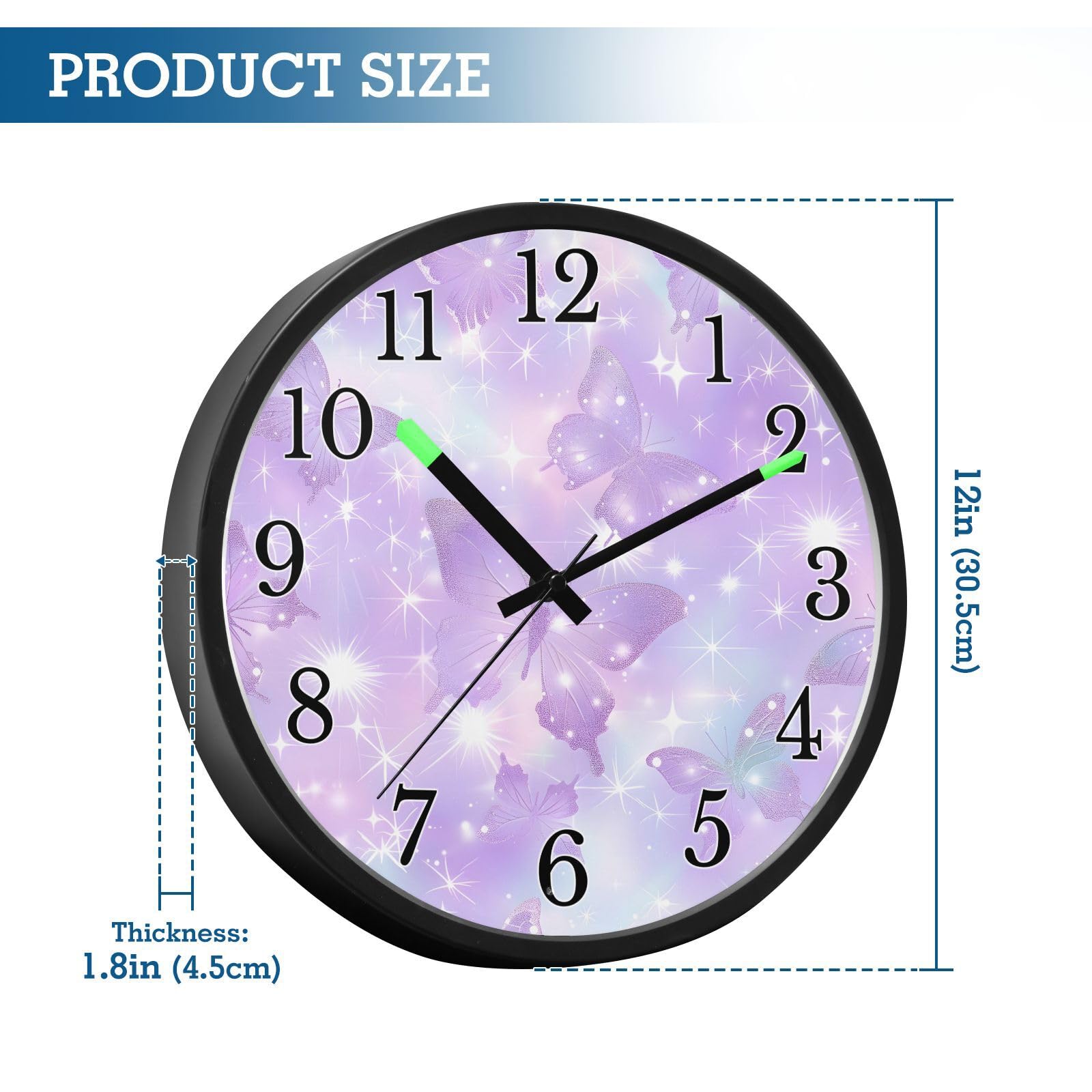 Mnsruu Reloj de pared luminoso con mariposas moradas, reloj de pared brillante que brilla en la oscuridad, funciona con pilas, reloj de luz nocturna silencioso sin tictac para dormitorio