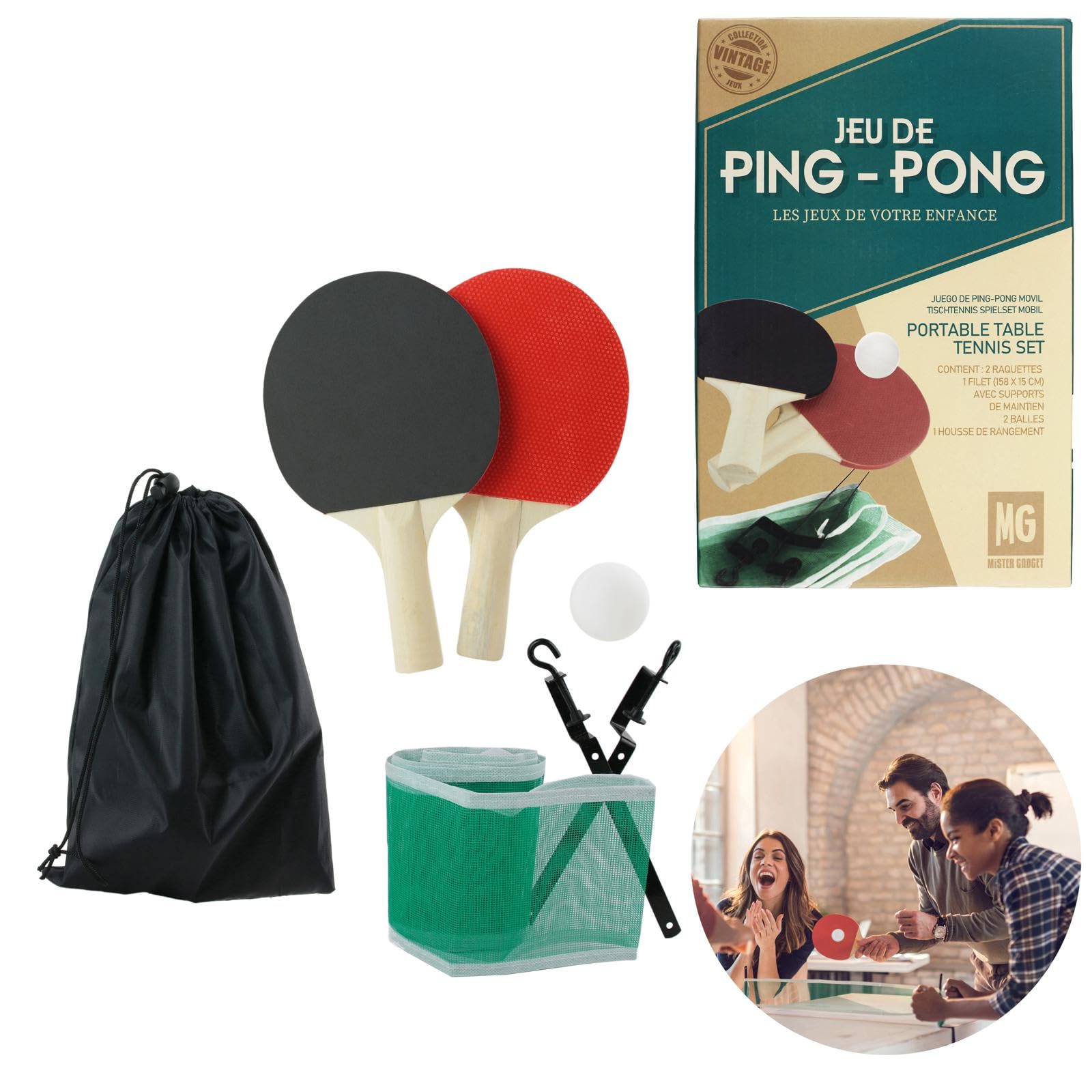 MISTER GADGET - MG3072 Jeu de Ping Pong Mobile Compact - Filet, 2 Raquettes, 2 Balles, Housse de Rangement - Adapté à Tables Jusqu'à 3,7 cm d'Épaisseur - Taille M - Multi-Couleur