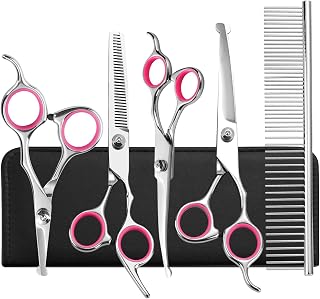 6 in 1 Dog Grooming Scissors Kit, 4CR Stainless Steel Safety Round Tip Dog Scissors for Grooming, Heavy Duty Titanium Coated Sharp and Durable Pet Grooming Shears for Dogs, Cats and Other Animals