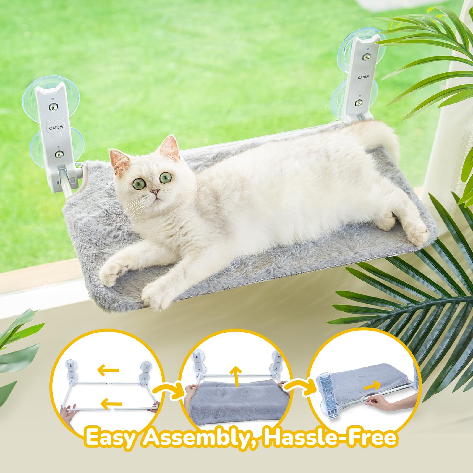 CATISM Plegable Hamaca Gato Ventana de hasta 20 kg, Hamaca para Gatos Reforzada con Ventosa Fuerte, Almohadilla de Tela Lavable de Doble Cara, Saco de Dormir para Gatos (52 x 30 cm), Gris