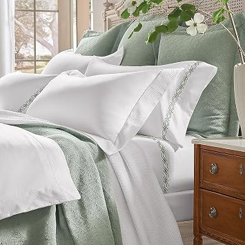 Frontgate Resort Collection Diamond Lattice Sateen Sheet Set in White, King Size, 600 Thread Count, Long-Staple Cotton, Oeko-TEX Certified