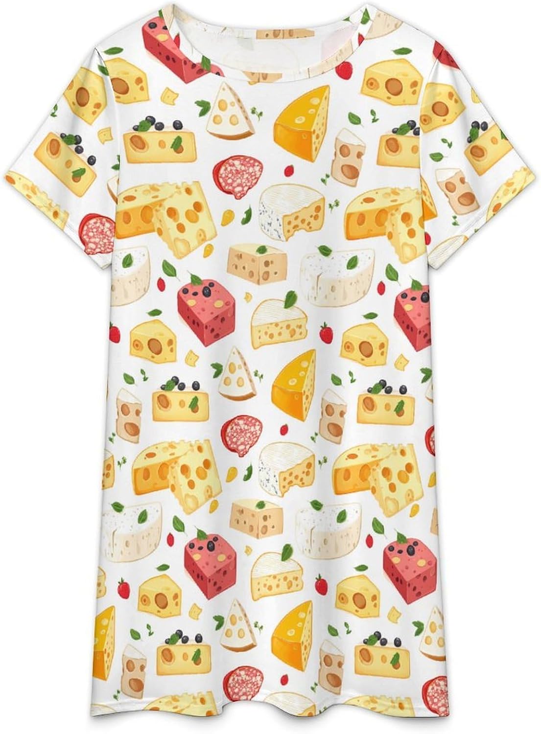 Cheese Pattern Casual Nightgowns for Women Short Sleeve Sleepshirt Soft Crewneck Pullover Nightdresses