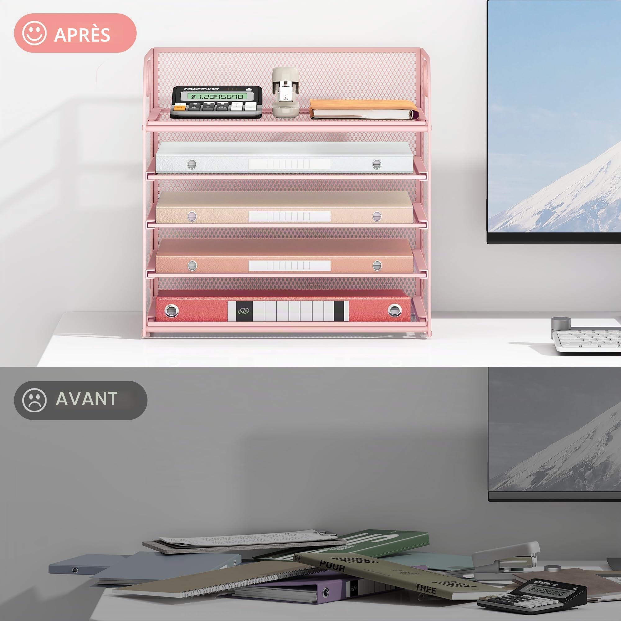 VITVITI Organiseur de Bureau à 5 Niveaux - Porte-Documents empilable avec poignée - Fournitures de Bureau pour Documents A4, Papier, Livre, Magazine - Rose