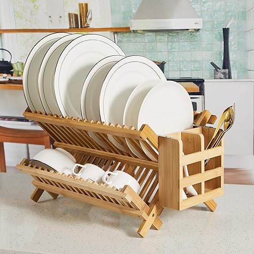 Miniatura 8 de Estante de secado de platos de bambú de 2 niveles, escurridor de platos pequeño plegable con soporte para utensilios, estante de secado de madera