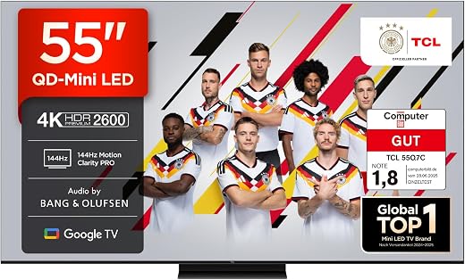 TCL 55Q7C 55 Inch QD Mini LED TV, 4K HDR Premium 2600, Smart TV Supported by Google TV (Dolby Vision IQ & Atmos, CrystGlow HVA Panel, Audio from Bang & Olufsen, 144Hz Motion Clarity Pro)
