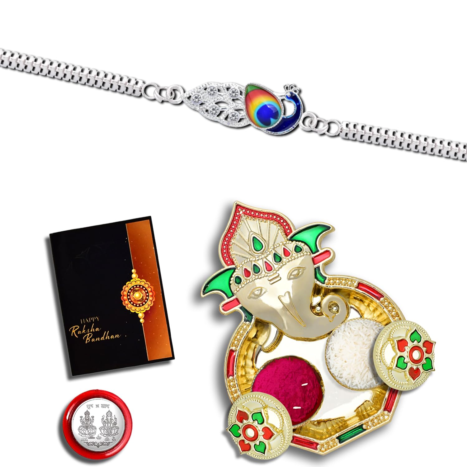 Periapt (K1_C29_AA3) Rakhi Combo with Pooja Coin, Shri Ganesh Pooja Thali / Tilak Set & Greeting Card, rakhi thali | rakhi for brother and bhabhi | Rakhi with plate | Rakhi for brother and bhabhi | rakhi silver | rakhi for baby brother | rakhi for brother kids | rakhi set of 1-image-25