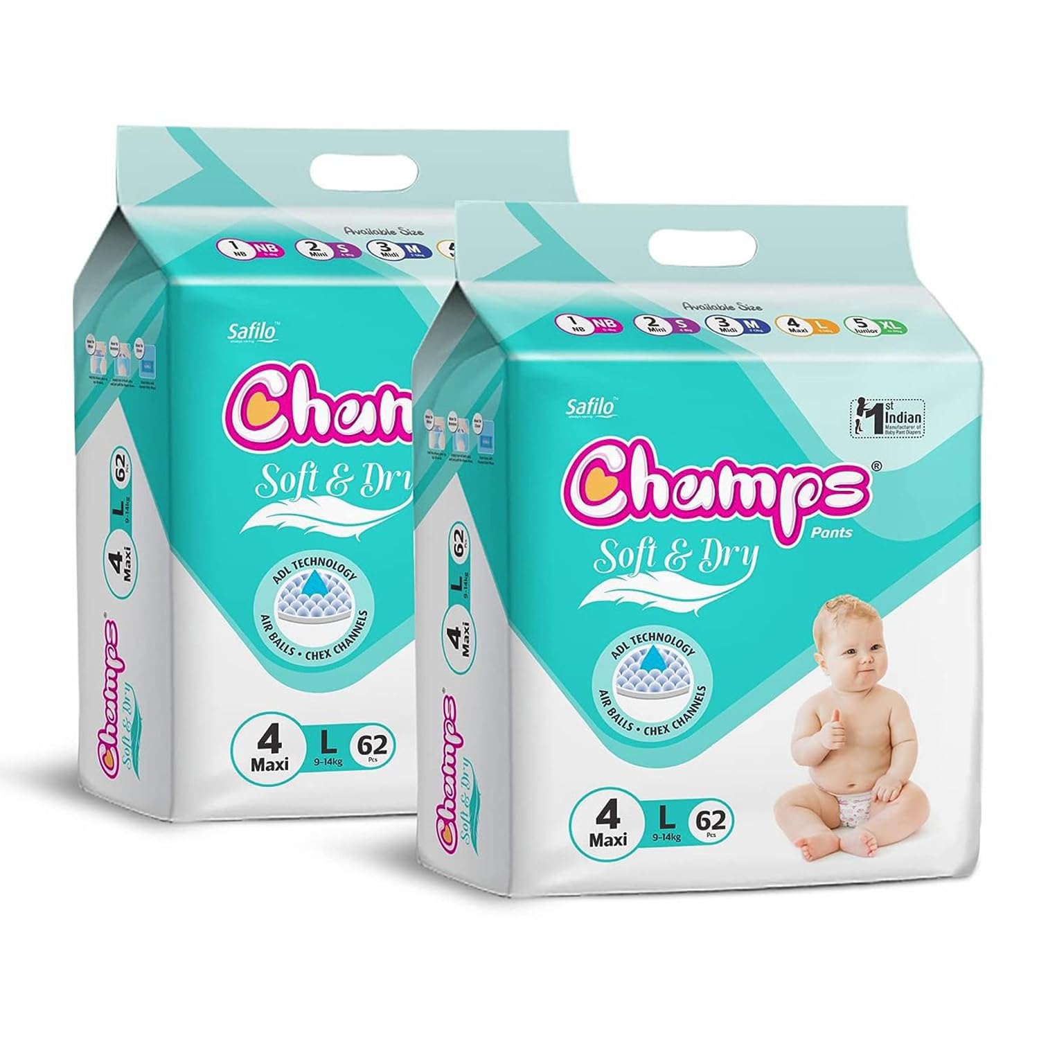 Champs Cotton Elastic Baby Diaper - Large Size(Pack of 2), 124 Pcs | 9-14 Kg | Super Absorbent Core Upto 12 Hrs Leakage Protection | Breathable, Soft & Dry | Anti Rash Pants for Babies