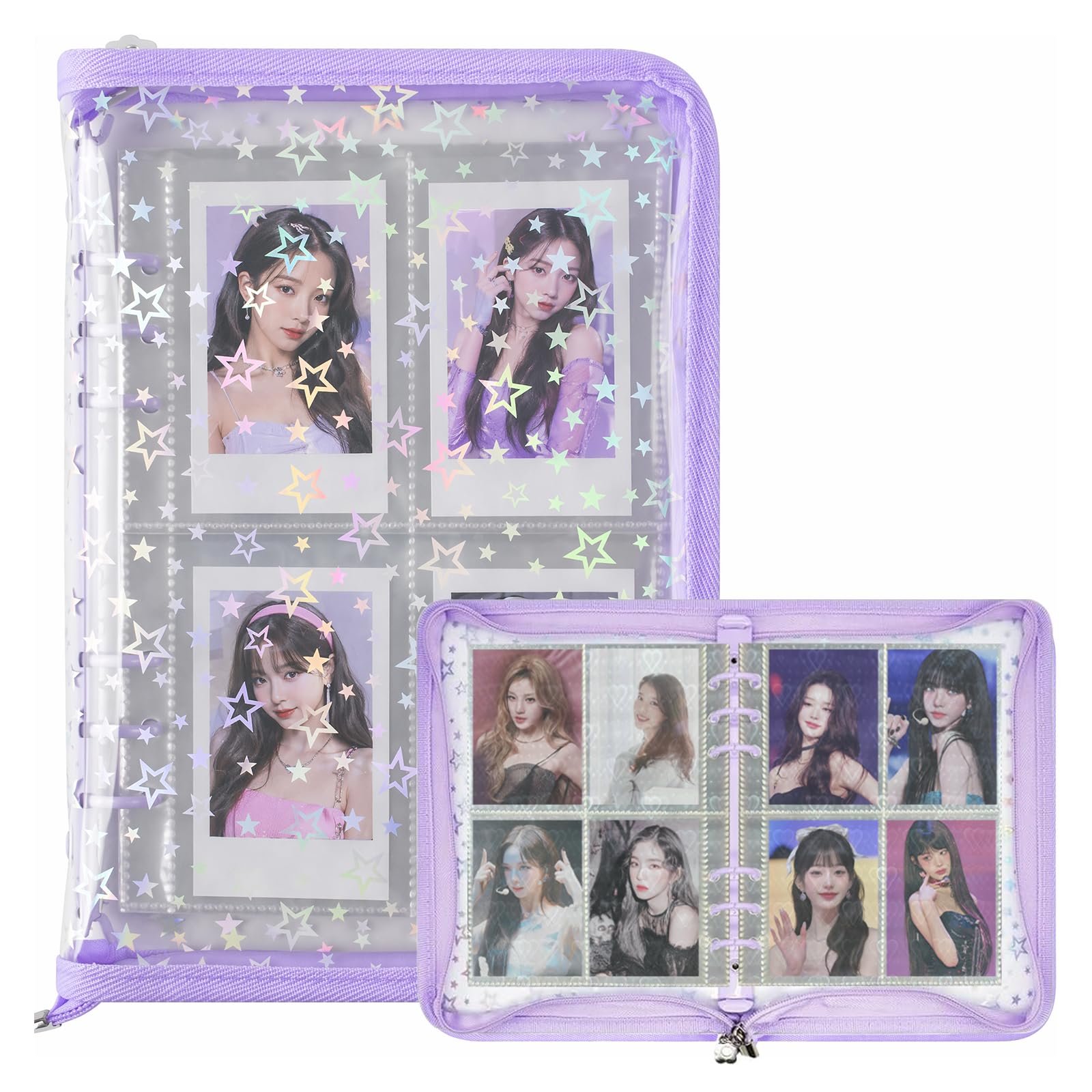 11Pcs A5 Photocard Binder Gifts for Girls, Purple Card Holder Album with Holographic Heart 4-Pocket Pages, Kpop Photocard Collecting Folder for Trading Cards