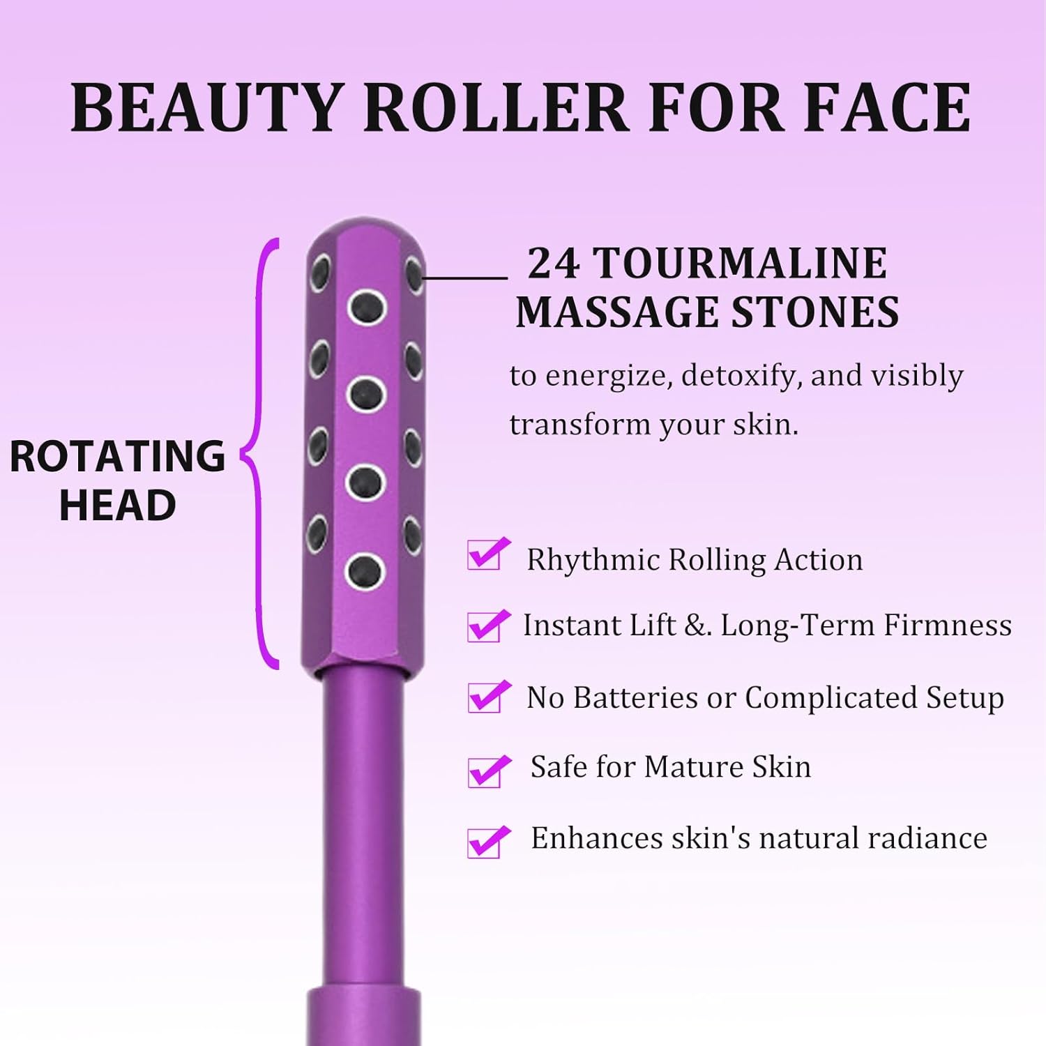 Arrily Face Roller - 24 Tourmaline Stones Uplift Beauty Wand for Women, Facial Sculpting & Tightening Tool, Elarique Beauty Roller, 360° Rotating Facial Roller for Face, Eye, Chin, Neck, Body (1 PCS) - Image 2