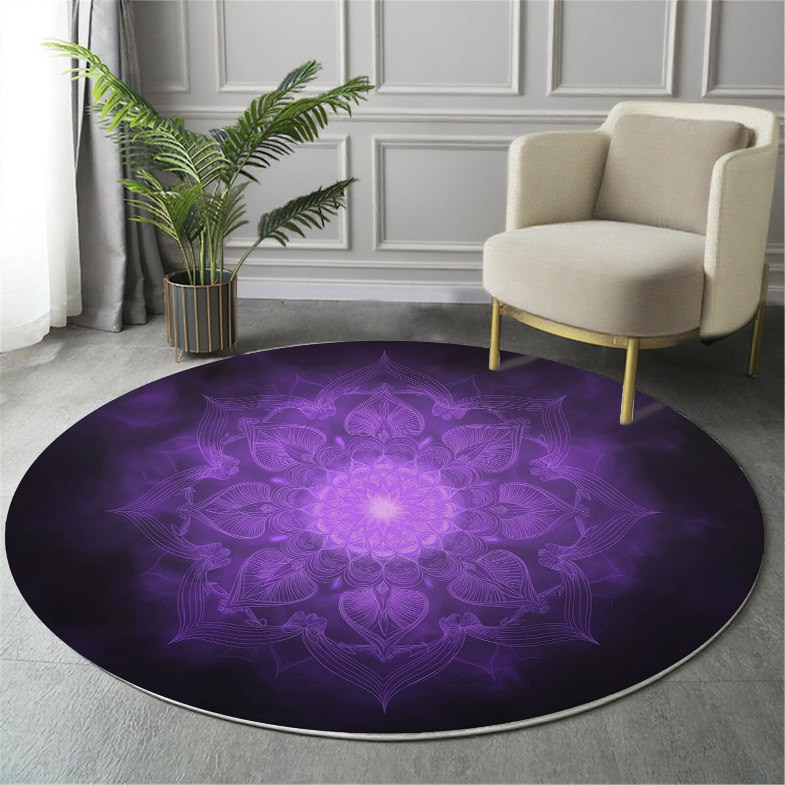 Rond Tapis Salon Violet Moquette 3D Mandala À Paillettes Chambre De Décoration Poil Ras Lavable en Machine Paillasson Plantes Psychédéliques Antidérapant Salle A Manger Chambre Adulte,100Cm
