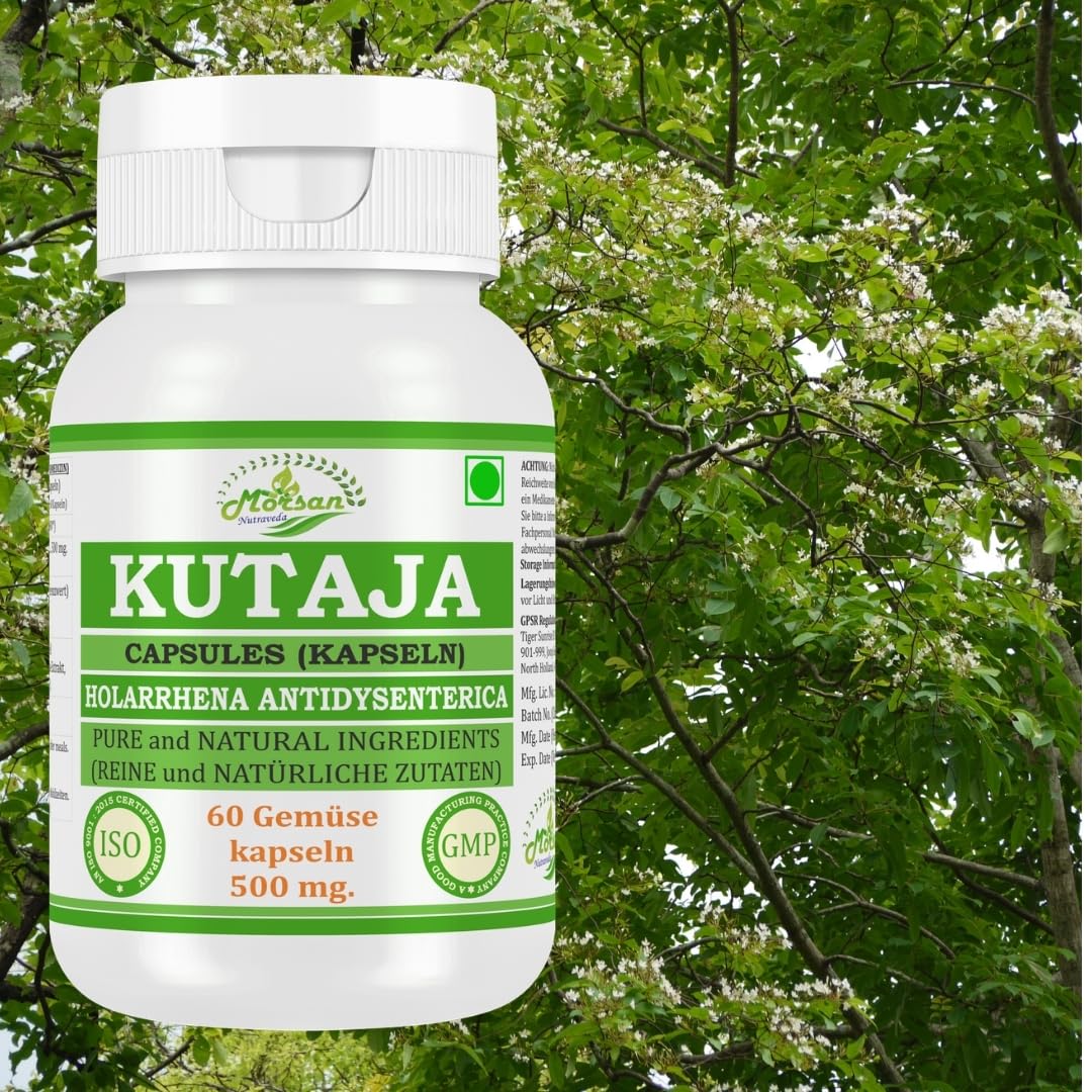 Kutaja (Holarrhena Antidysenterica) Extrakt mit 10:1 Stärke, 500 mg x 60 vegane Kapseln | Ayurvedisches Kräuterergänzungsmittel für Männer und Frauen (1 Flasche mit 60 Kapseln)