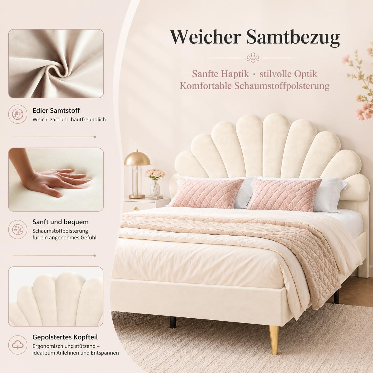 Polsterbett 140x200 mit Kopfteil in Blumenform, Doppelbett 140x200 für Mädchen, Kinderbett Bettgestell mit Lattenrost, Jugendbett Gästebett aus Samtstoff, für kinder/Erwachsenen, Ohne Matratze