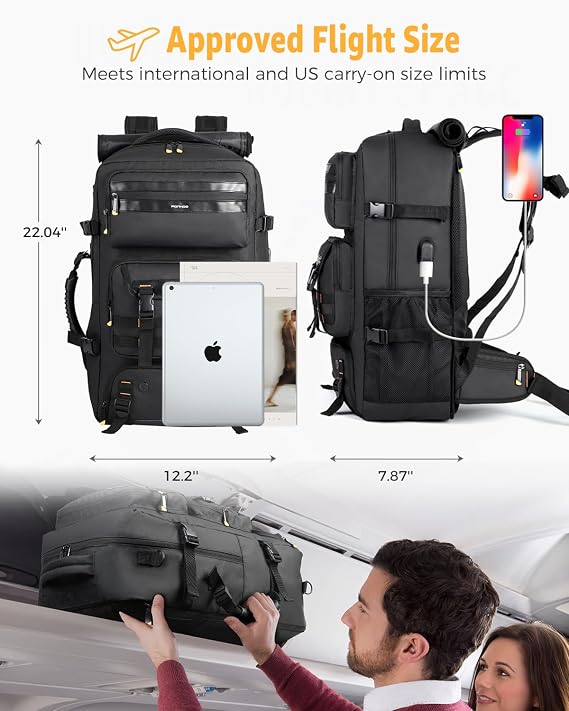 Ponhog Travel Backpack for Men - 50L Convertible Duffle Bag with Shoe Compartment, Carry On Laptop Backpack with USB Charging Port, Hiking Backpack Gym Daypack Water Resistant Rucksack,Black